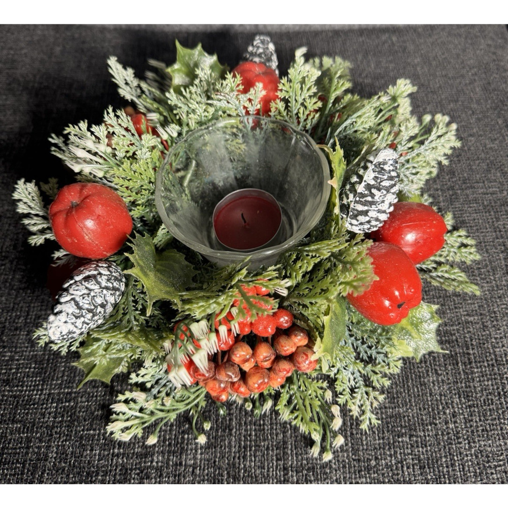 Fire King Candle Ring Plastic Christmas Pinecones Apples Holly And Berries
